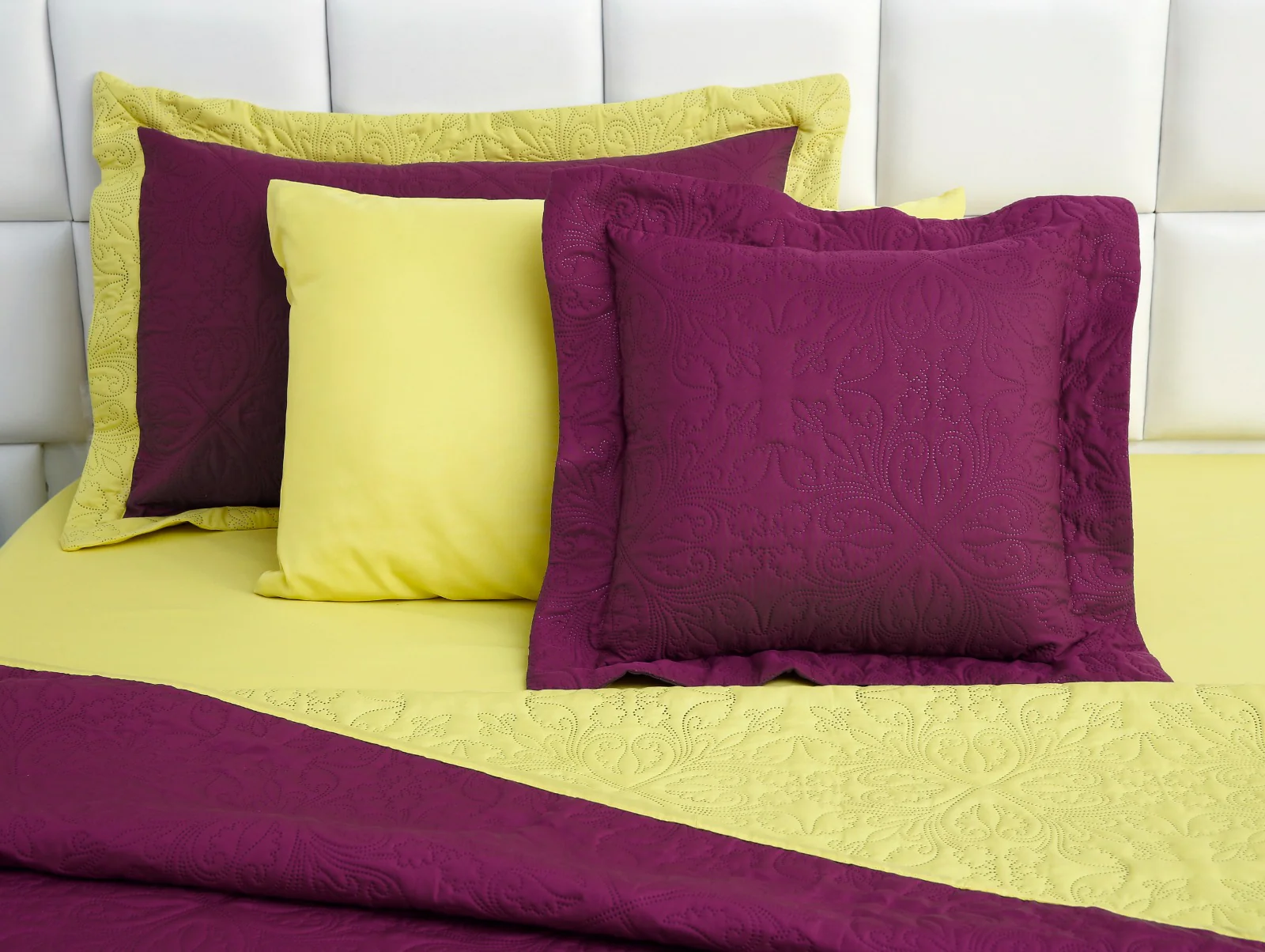 7 PCs Ultrasonic Bed Spread Set-Yellow Over Plum - Image 11