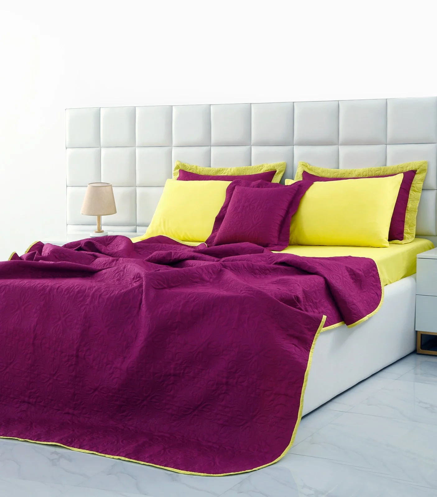 7 PCs Ultrasonic Bed Spread Set-Yellow Over Plum - Image 4