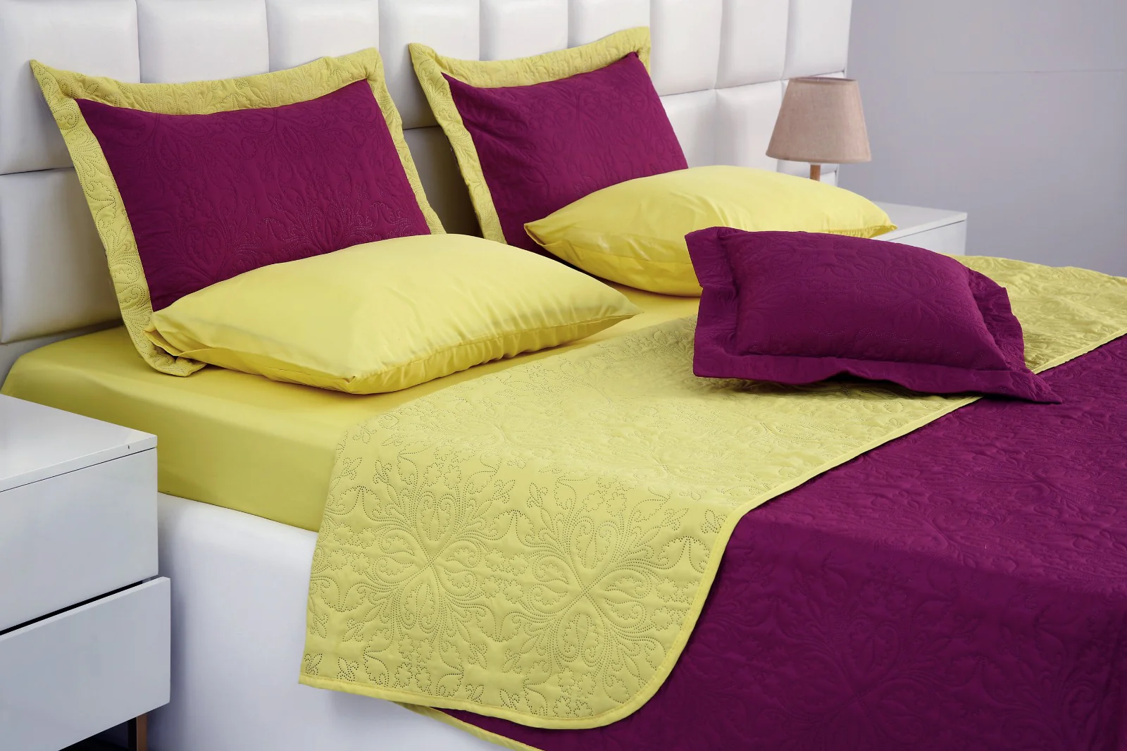 7 PCs Ultrasonic Bed Spread Set-Yellow Over Plum - Image 6