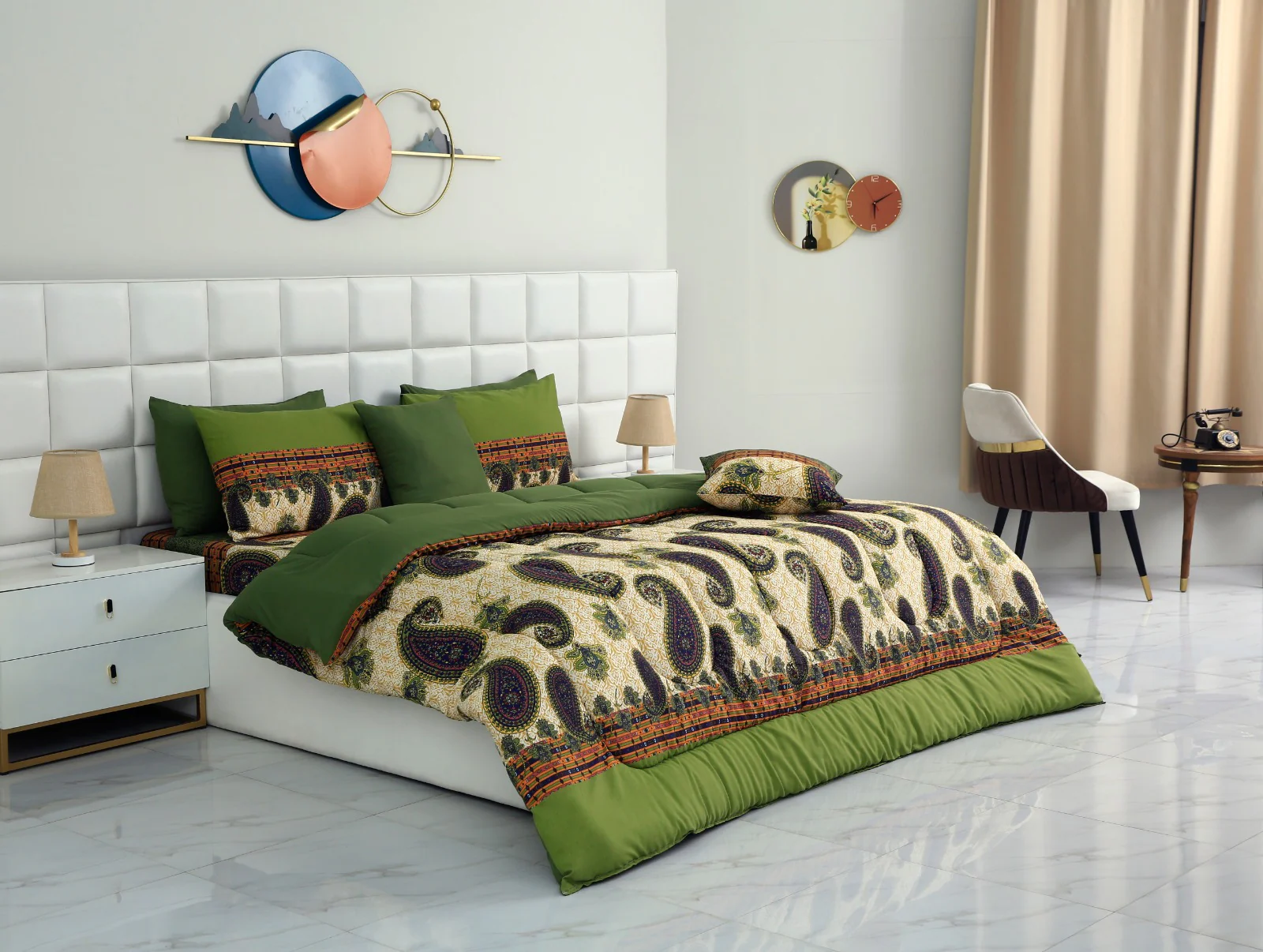 8 PCs Winter Comforter Set-Green Paisley - Image 5