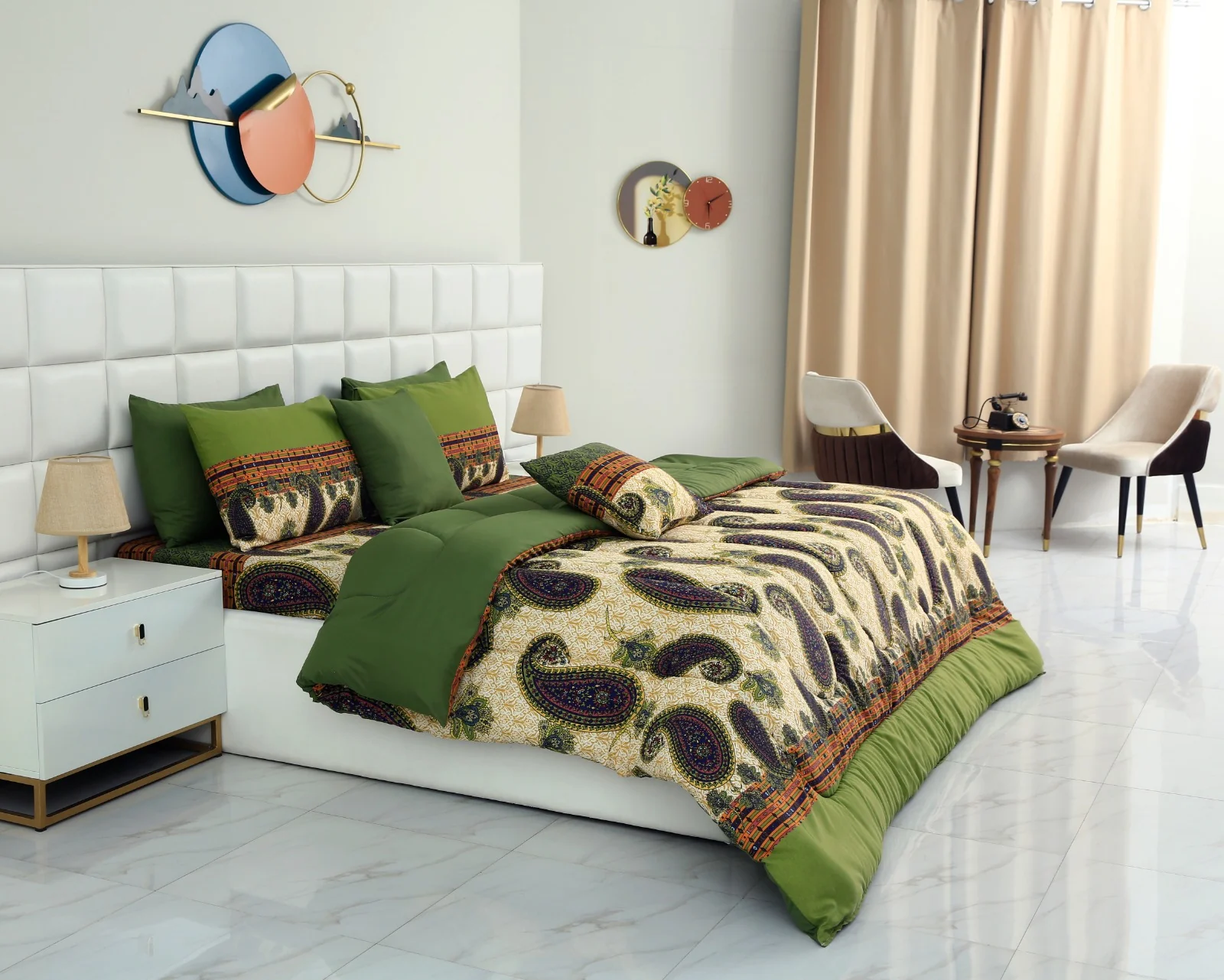 8 PCs Winter Comforter Set-Green Paisley - Image 6