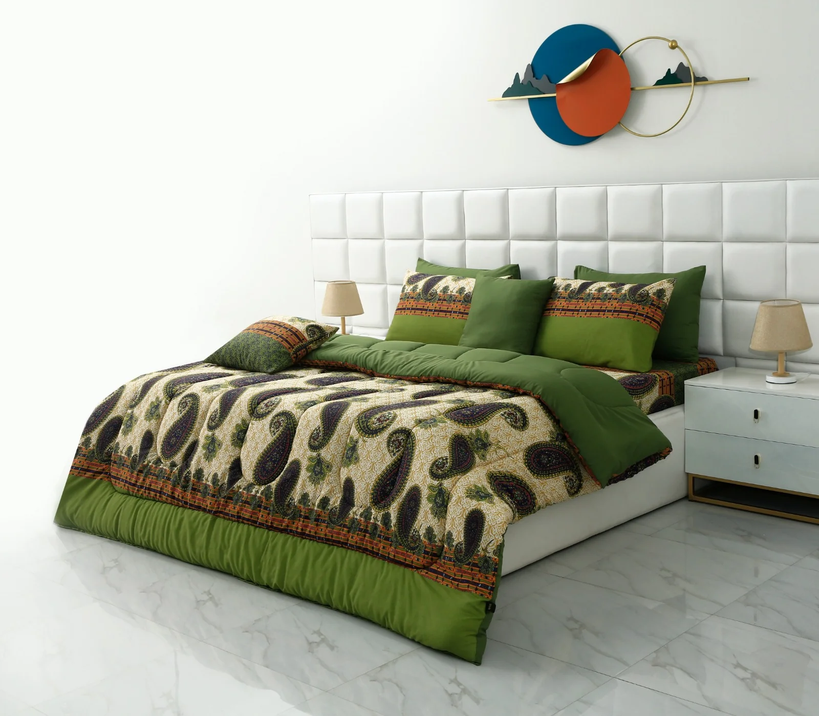 8 PCs Winter Comforter Set-Green Paisley - Image 8