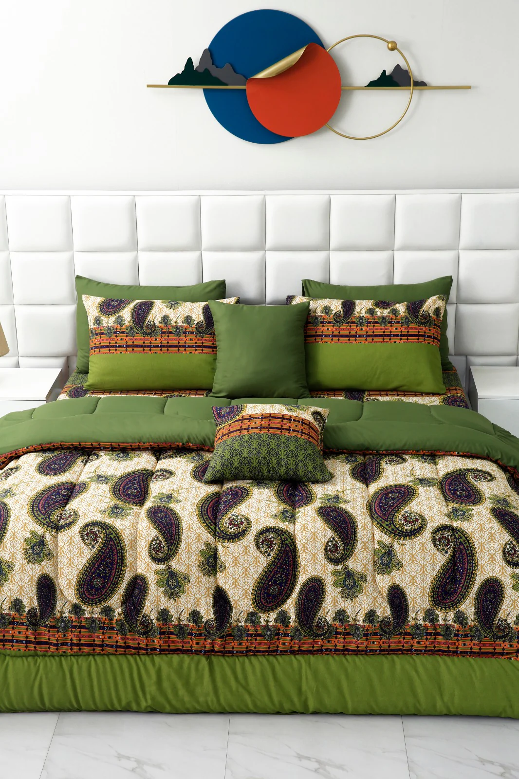 8 PCs Winter Comforter Set-Green Paisley - Image 9