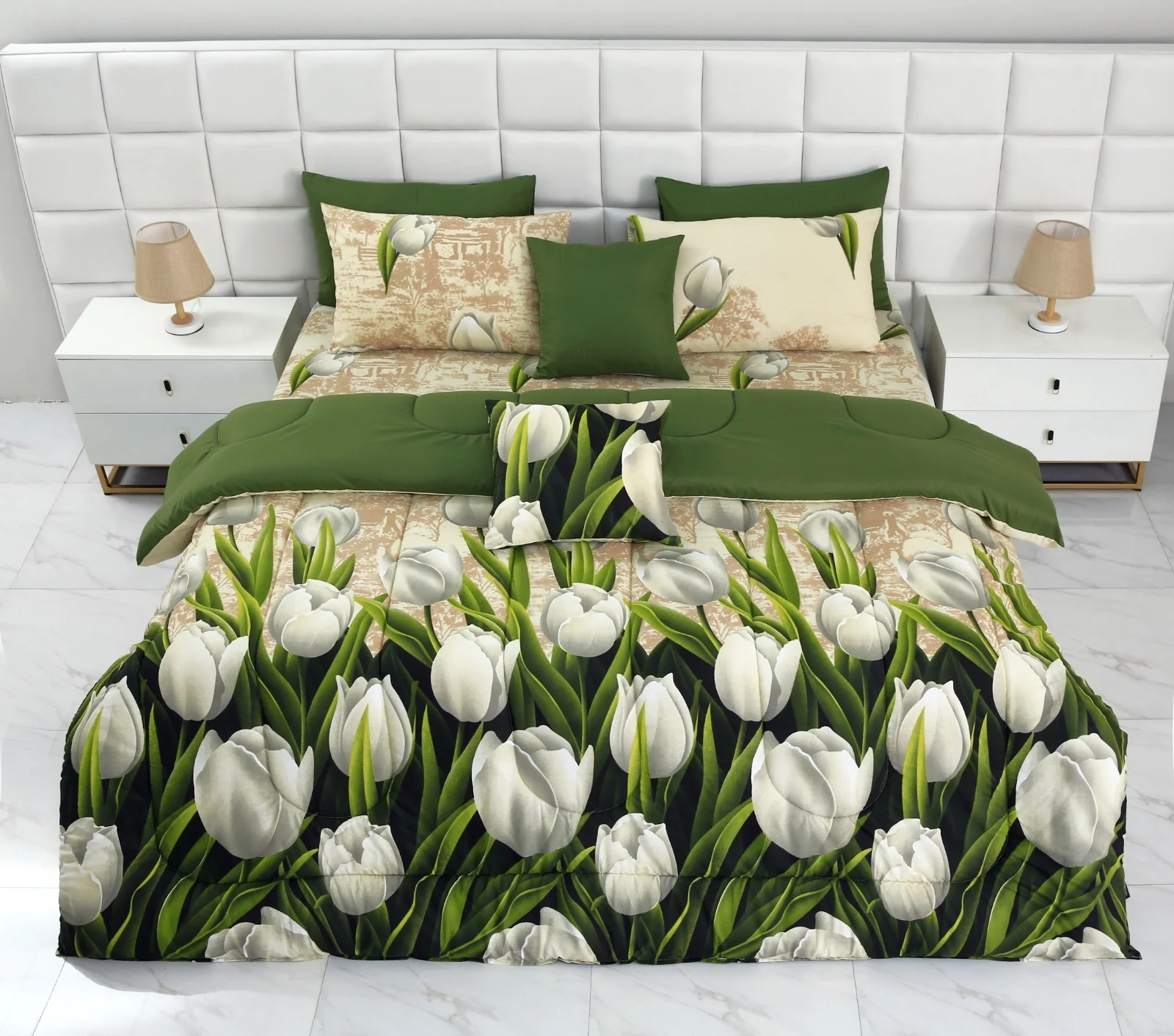 8 PCs Winter Razai Set-Tulip Green - Image 13