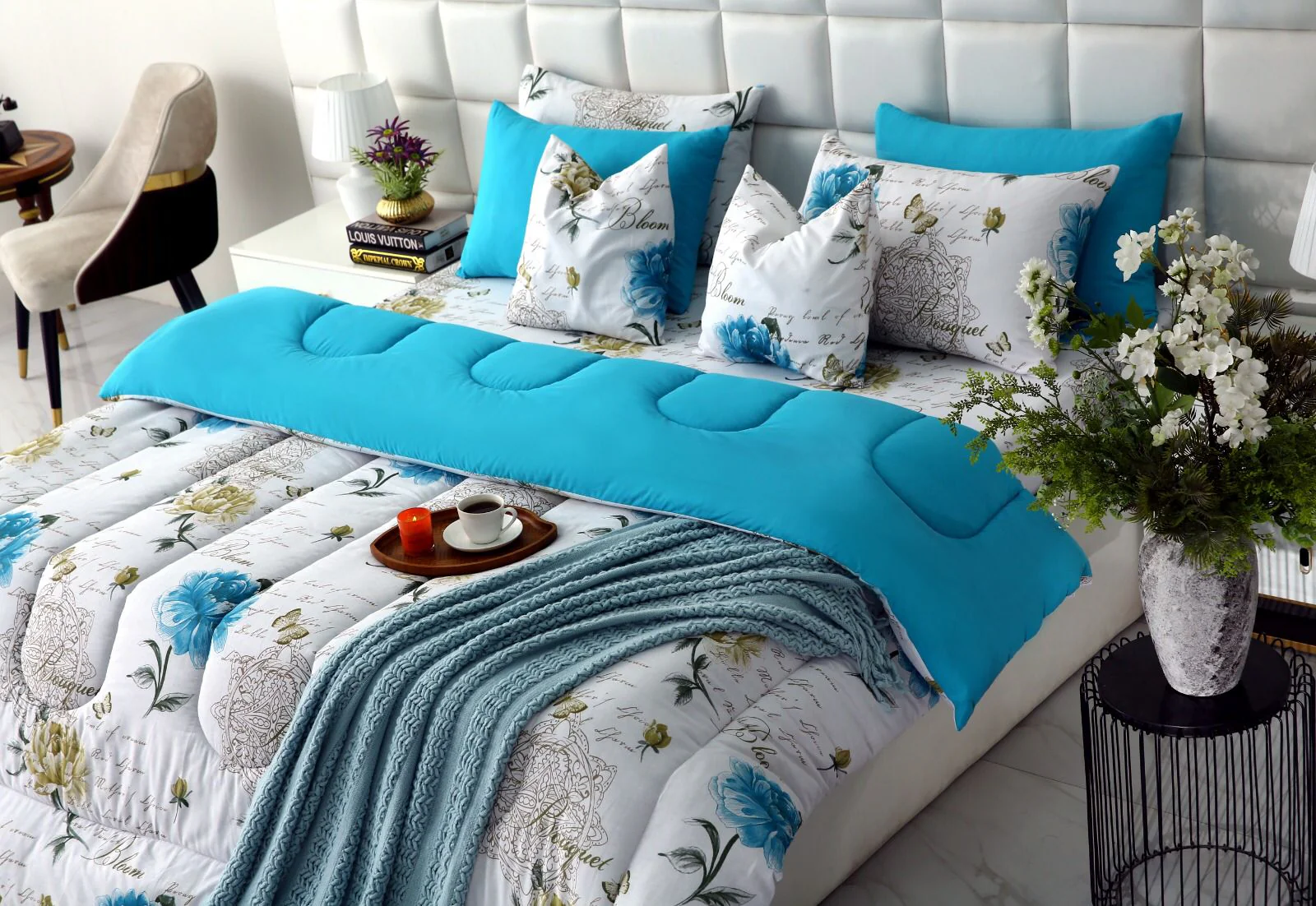 8 PCs Winter Razai Set-Blue Flowers - Image 13