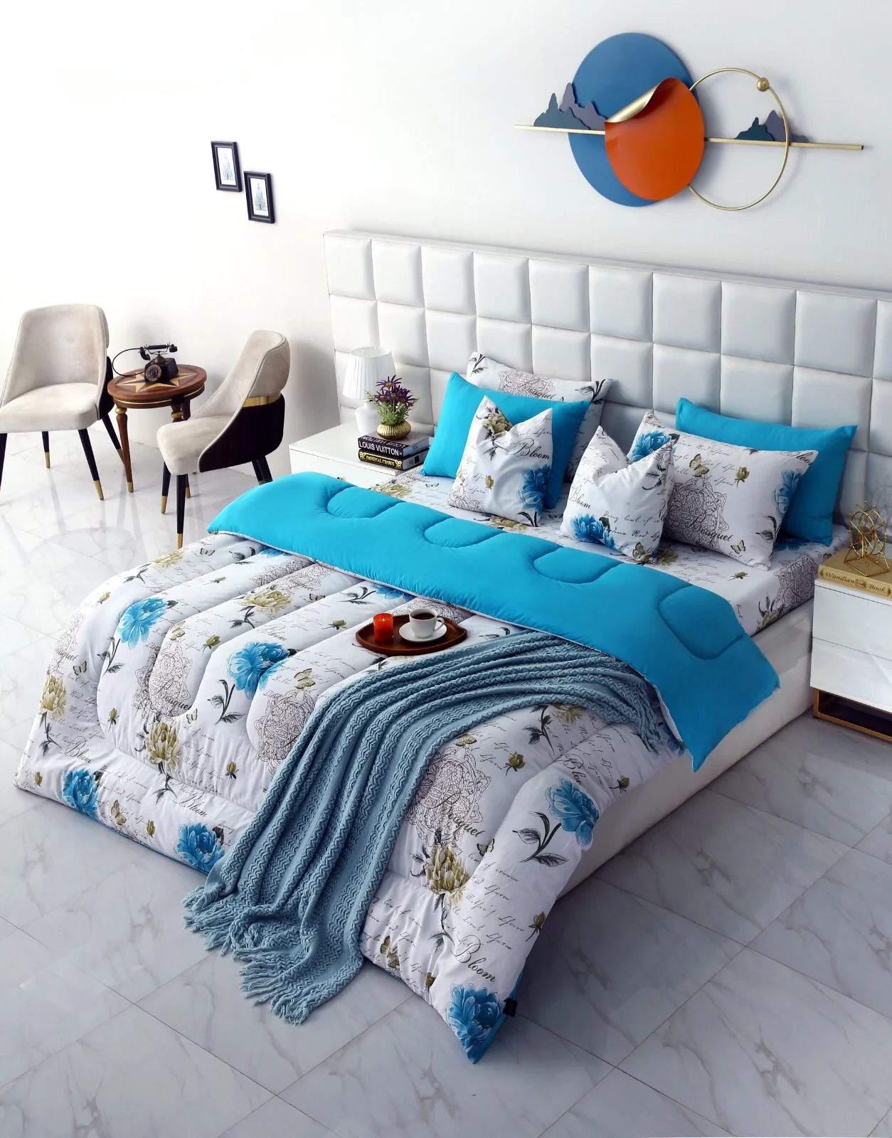 8 PCs Winter Razai Set-Blue Flowers - Image 17