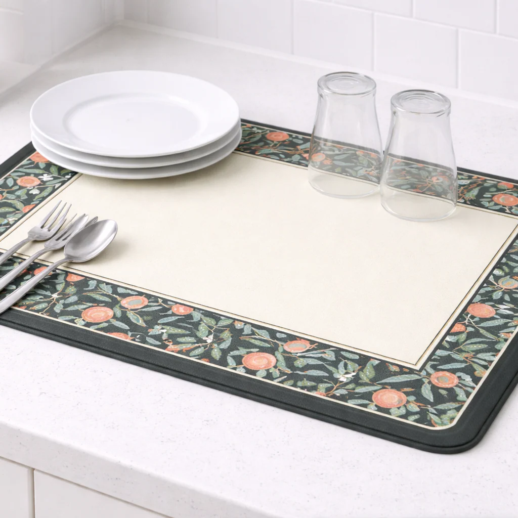 Anti Slip Dish Drying Mat-Border Flower