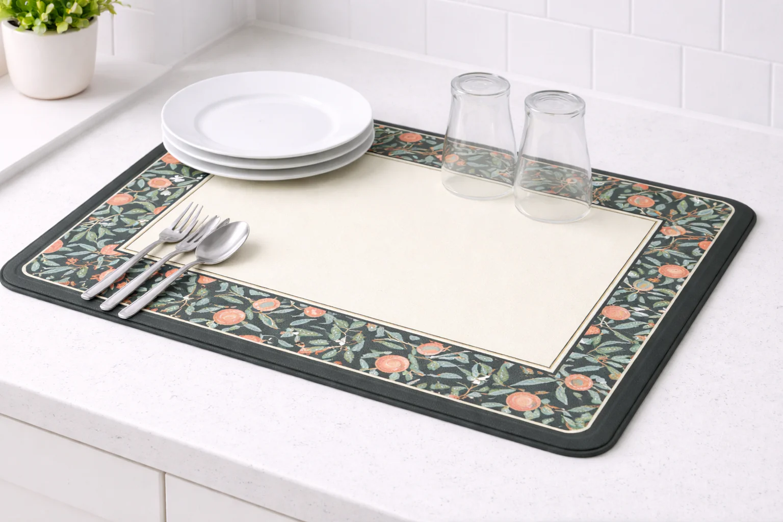 Anti Slip Dish Drying Mat-Border Flower - Image 2