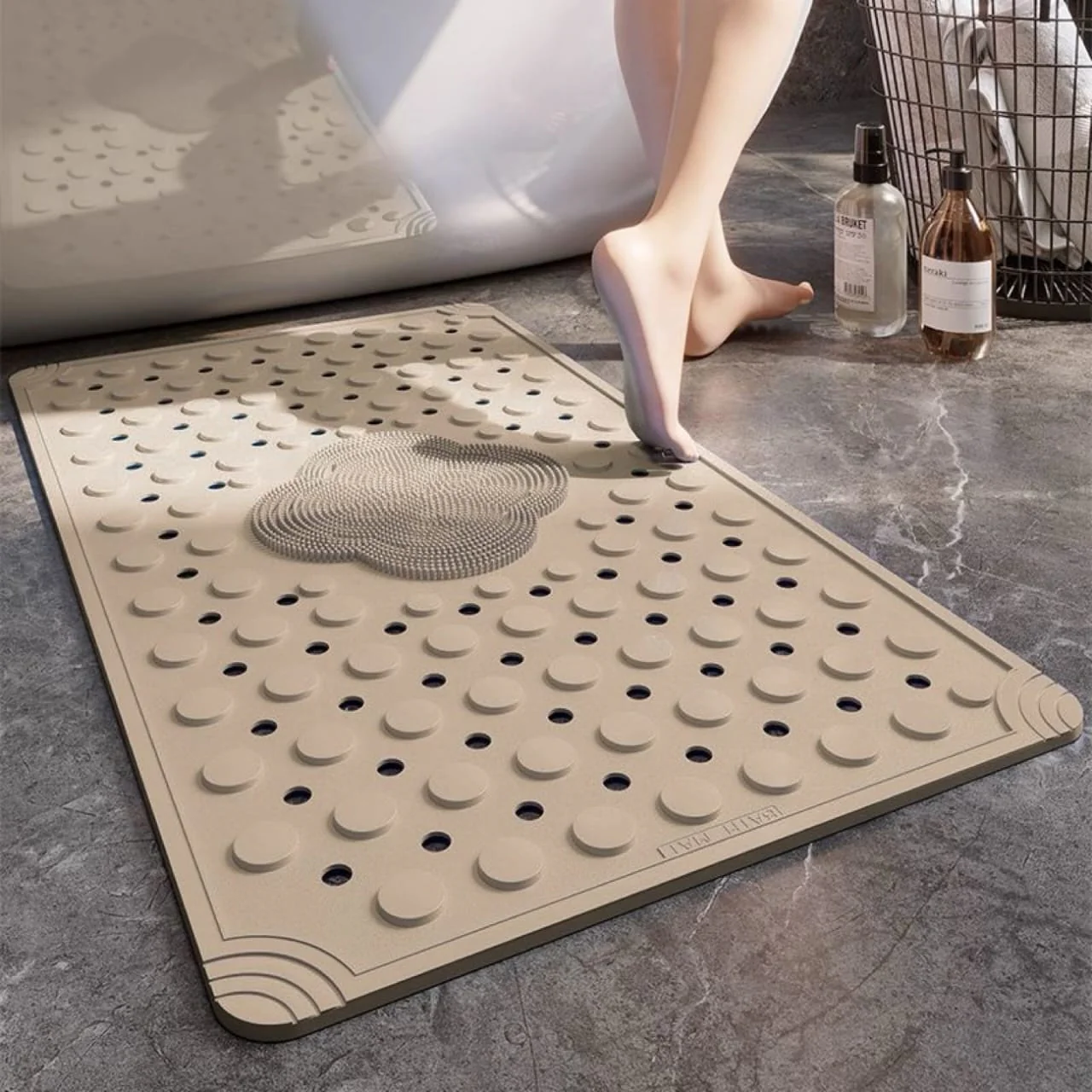 Anti Slip PVC Bathroom Mat With Foot Scrubber (SA2510-114)Beige