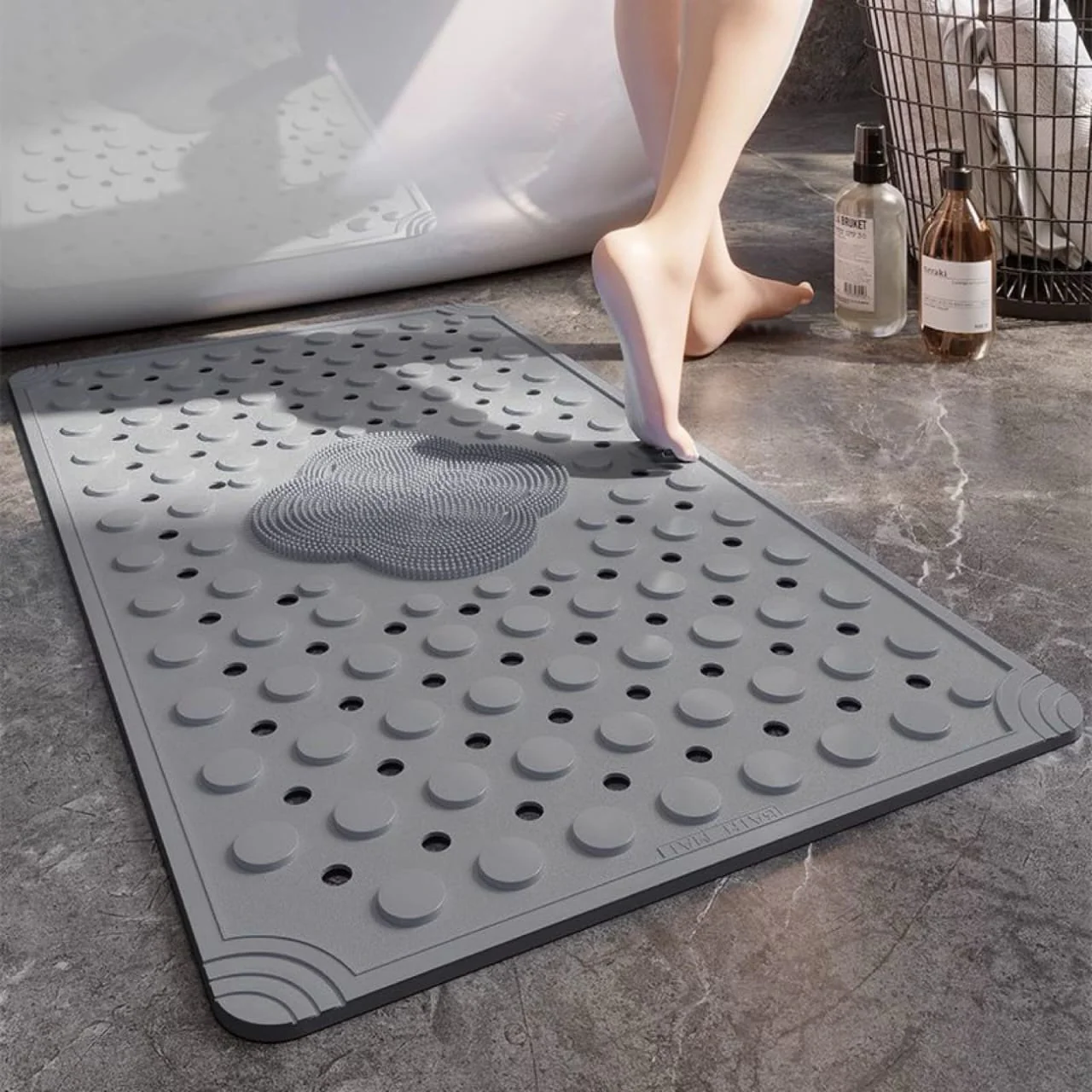 Anti Slip PVC Bathroom Mat With Foot Scrubber (SA2510-114)Grey - Image 2