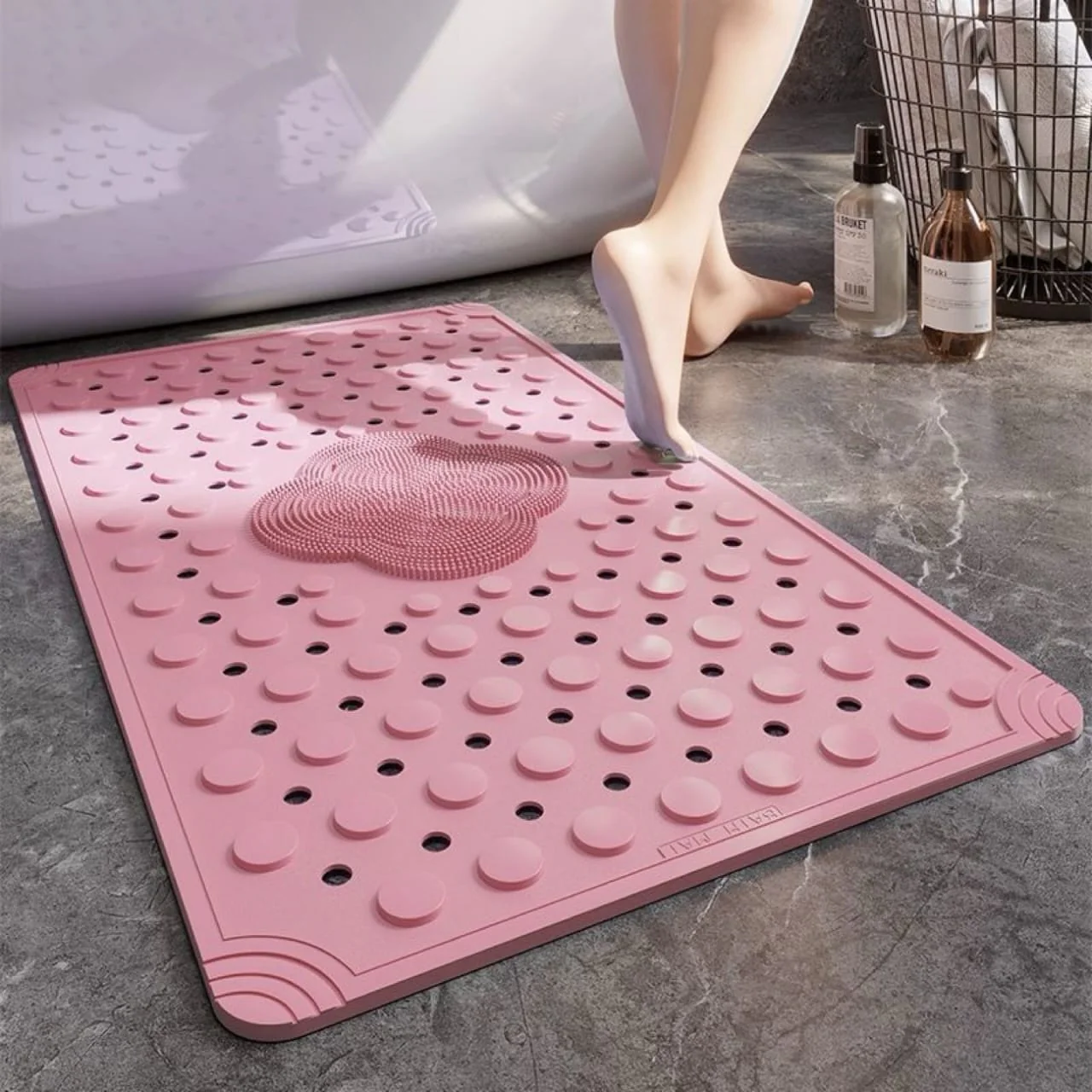 Anti Slip PVC Bathroom Mat With Foot Scrubber (SA2510-114)Pink - Image 2