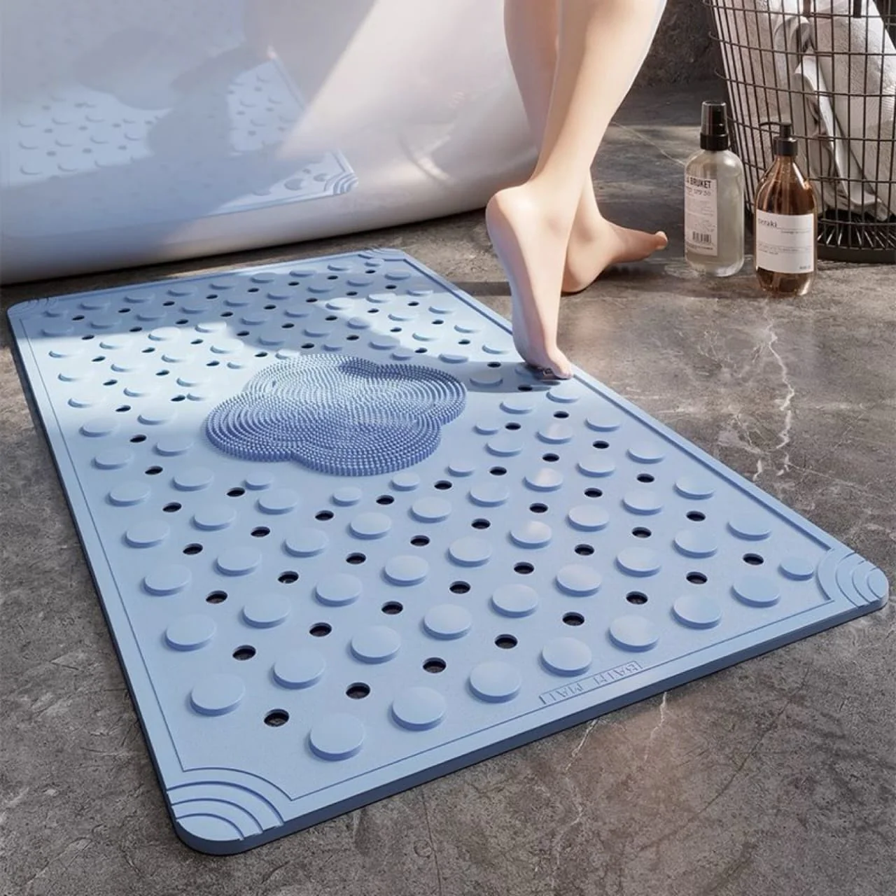 Anti Slip PVC Bathroom Mat With Foot Scrubber (SA2510-114)Sky Blue