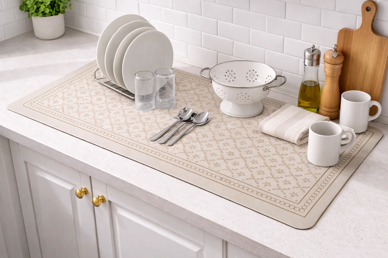 AntiSkid Dish Drying Heat & Water Protector Mat-SA-2553-Beige Flower