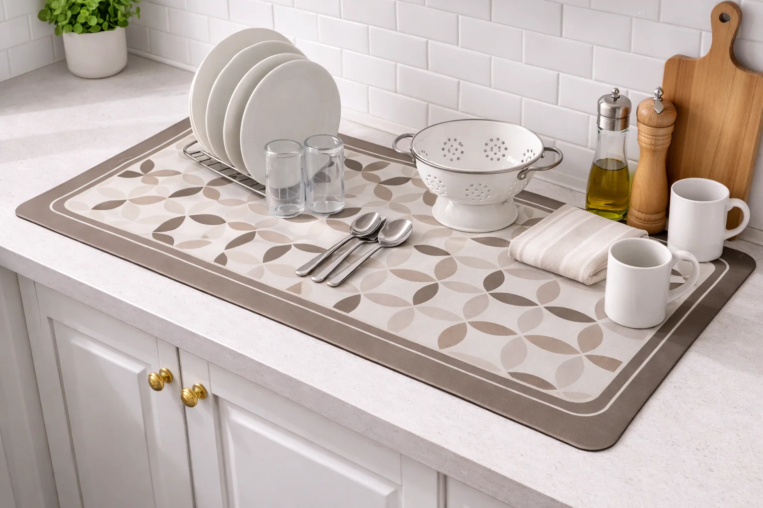 AntiSkid Dish Drying Heat & Water Protector Mat-SA-2553-Brown Flowers - Image 2