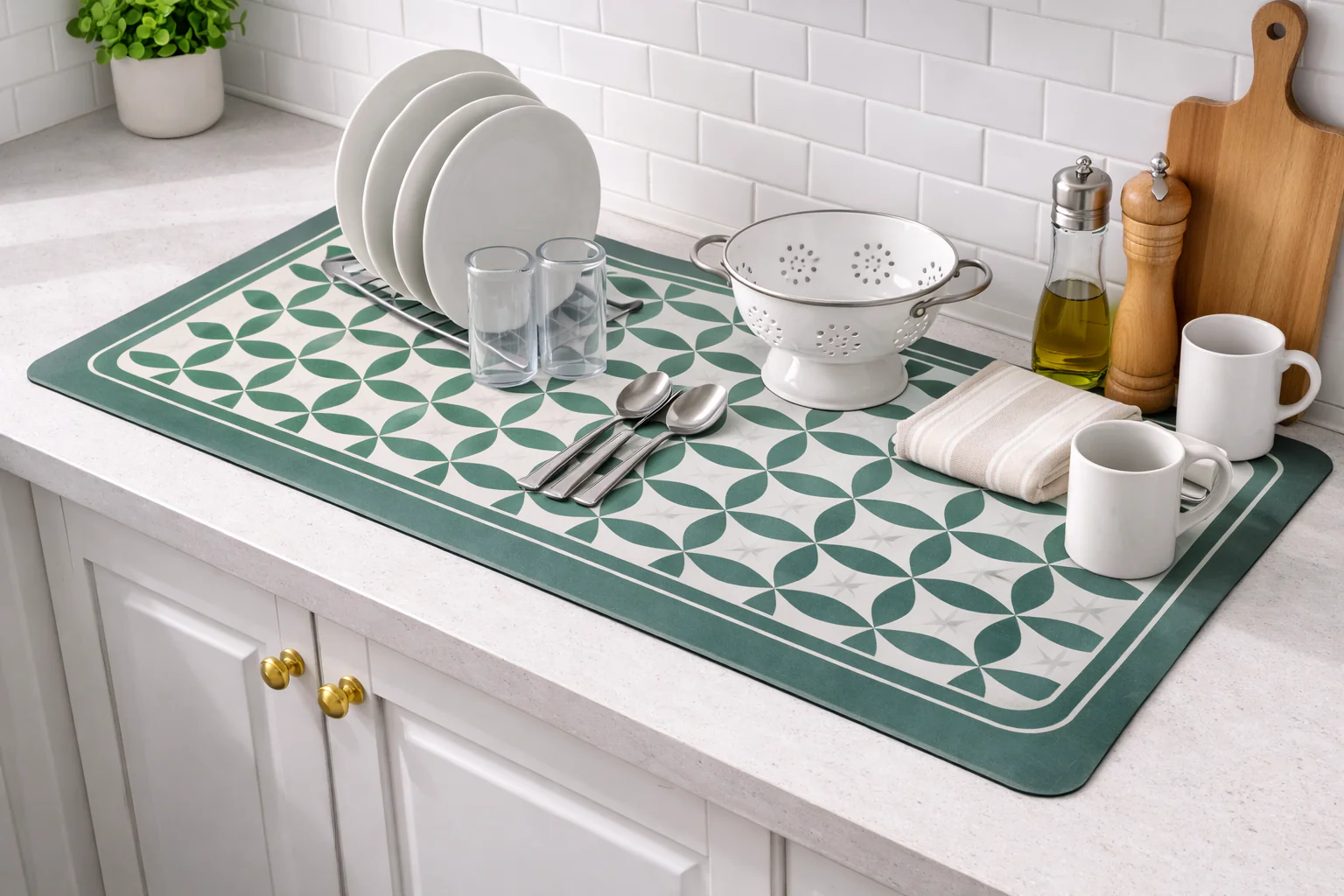 AntiSkid Dish Drying Heat & Water Protector Mat-SA-2553-Green Flowers - Image 2