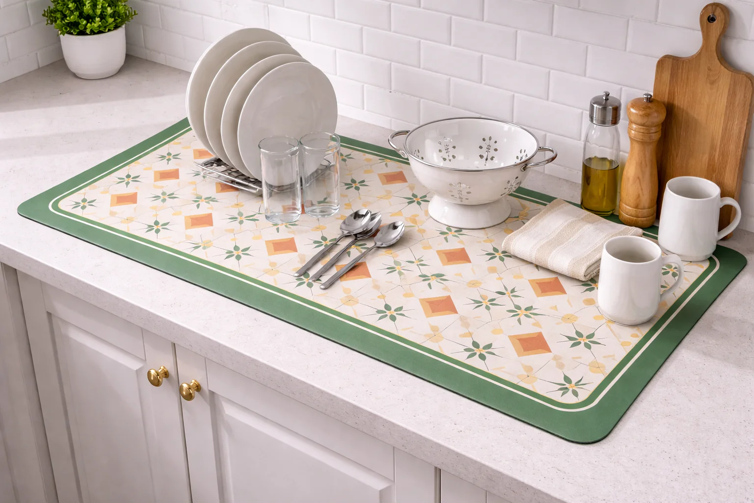 AntiSkid Dish Drying Heat & Water Protector Mat-SA-2553-Mint Flowers - Image 2