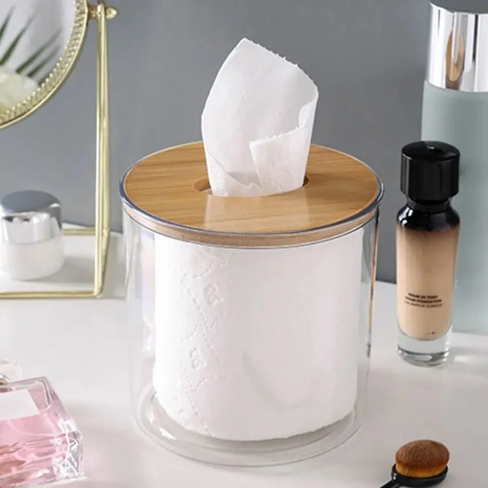 Bamboo Lid Toilet Paper Holder (5287)-Transparent Round