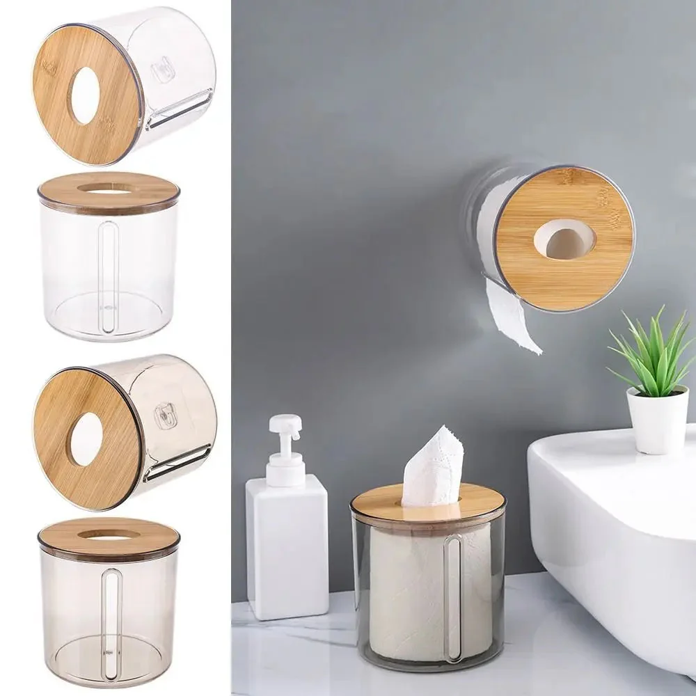 Bamboo Lid Toilet Paper Holder (5287)-Transparent Round - Image 3