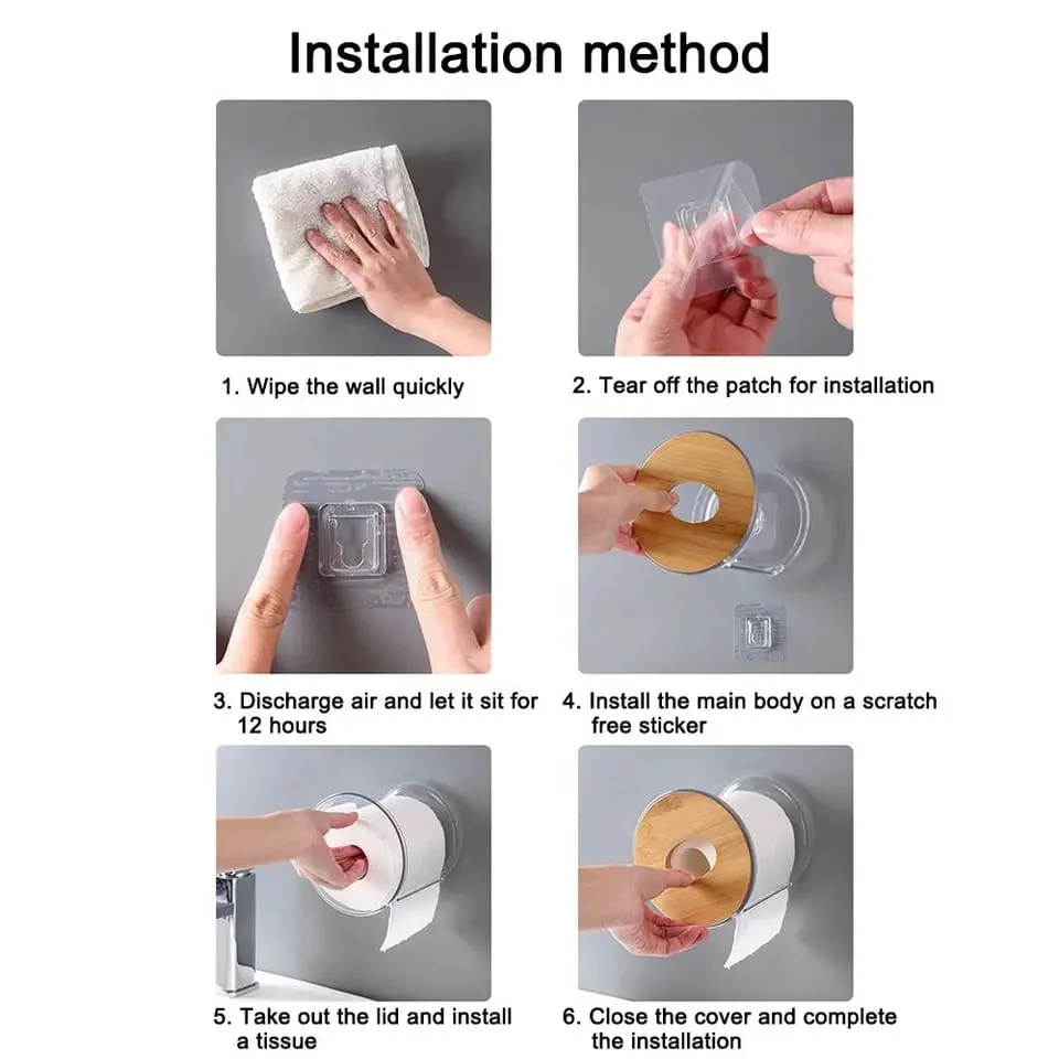 Bamboo Lid Toilet Paper Holder (5287)-Transparent Round - Image 4