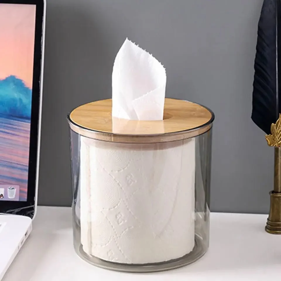 Bamboo Lid Toilet Paper Holder (5287)-Transparent Round - Image 6