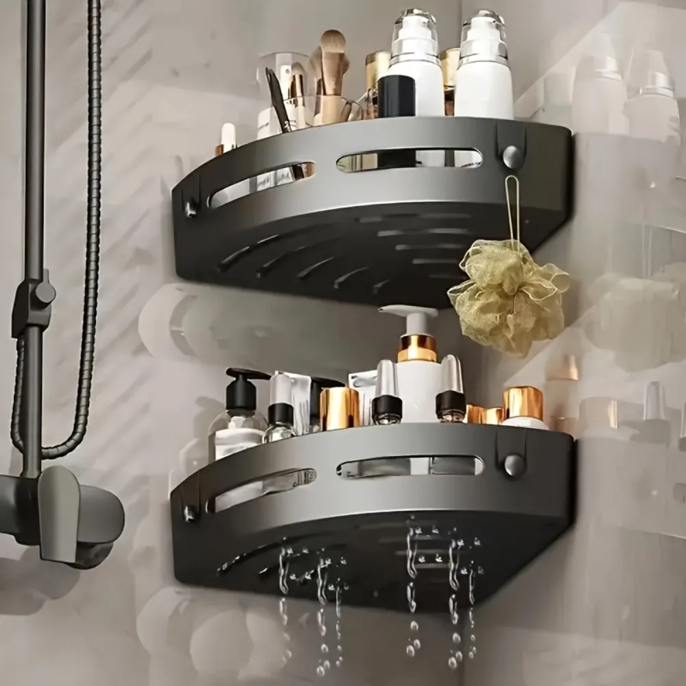 Black Aluminium Corner Bathroom Shelf-SA2408-138 - Image 3