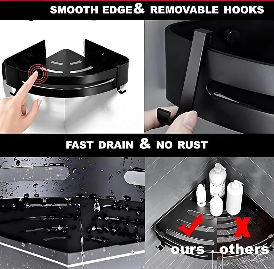 Black Aluminium Corner Bathroom Shelf-SA2408-138 - Image 6