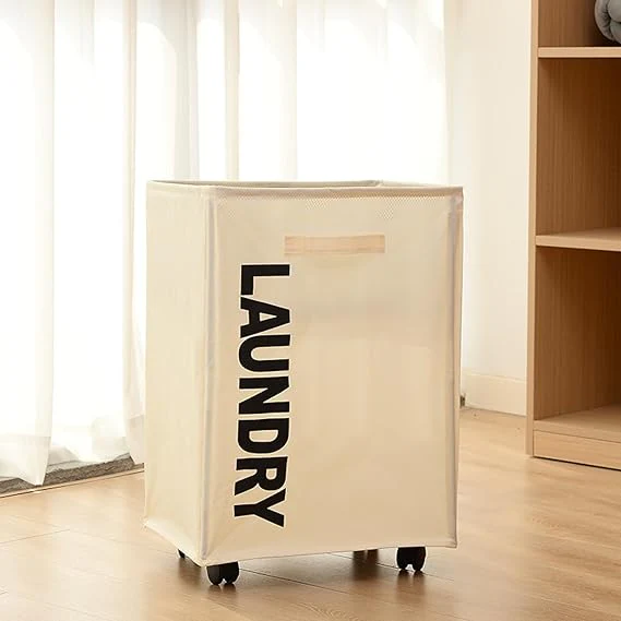 Cart Laundry Basket with Wheel-Beige(5394)