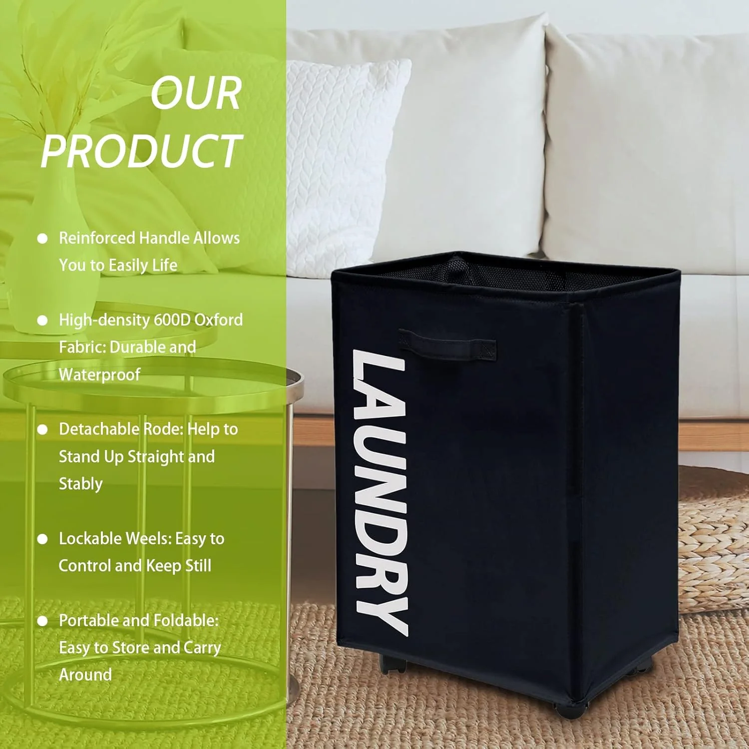 Cart Laundry Basket with Wheel-Black(5394) - Image 2