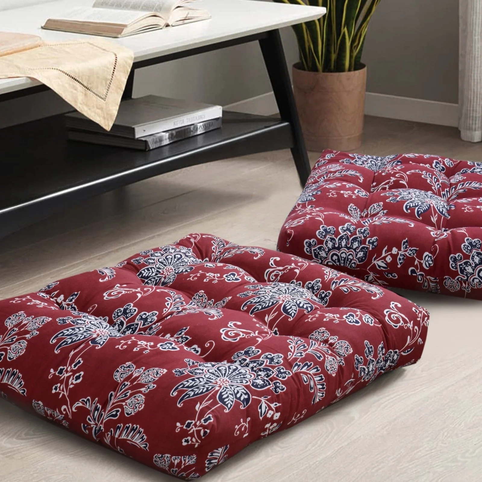 Digital Printed Square Floor Cushions- Maroon Floral - Image 3