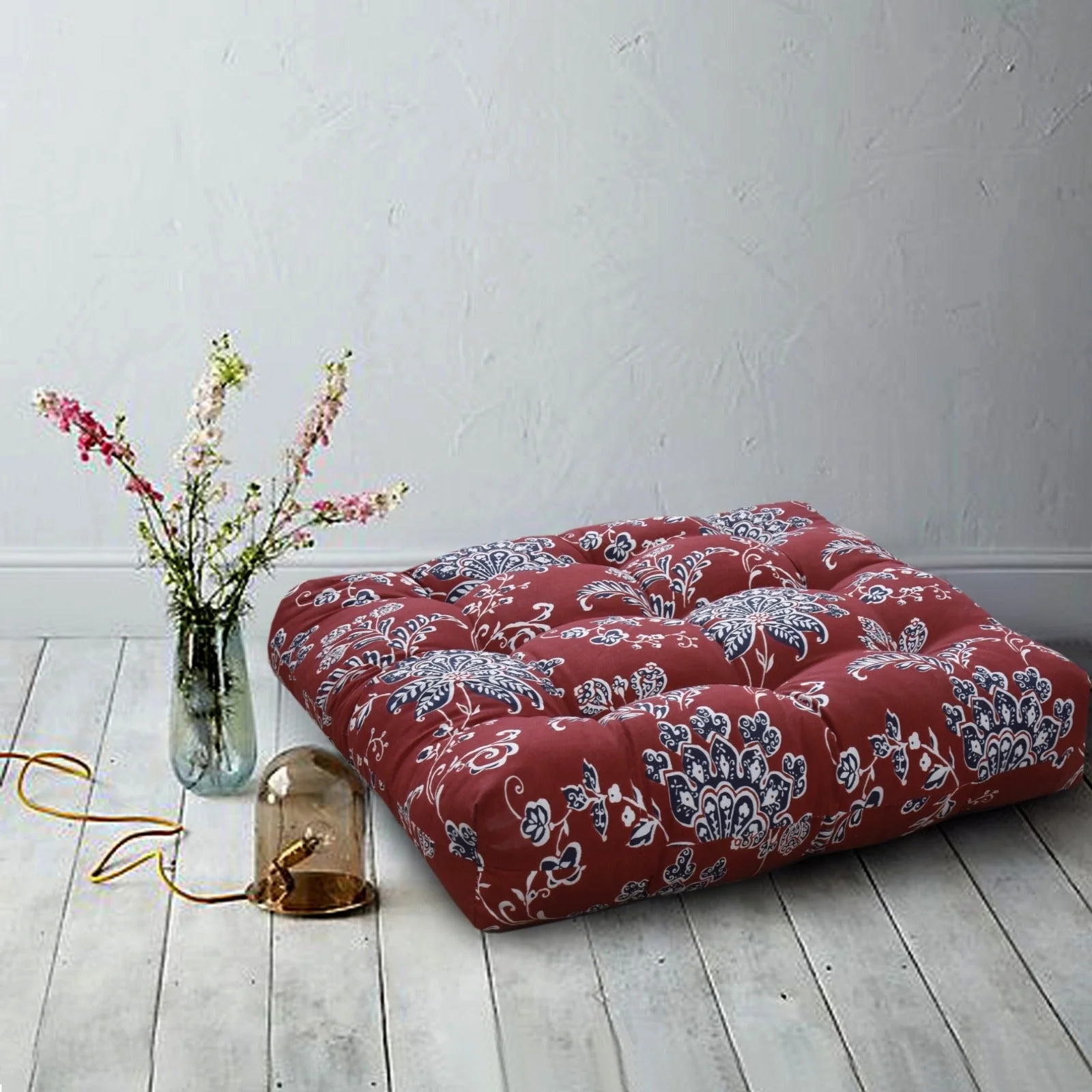 Digital Printed Square Floor Cushions- Maroon Floral - Image 4