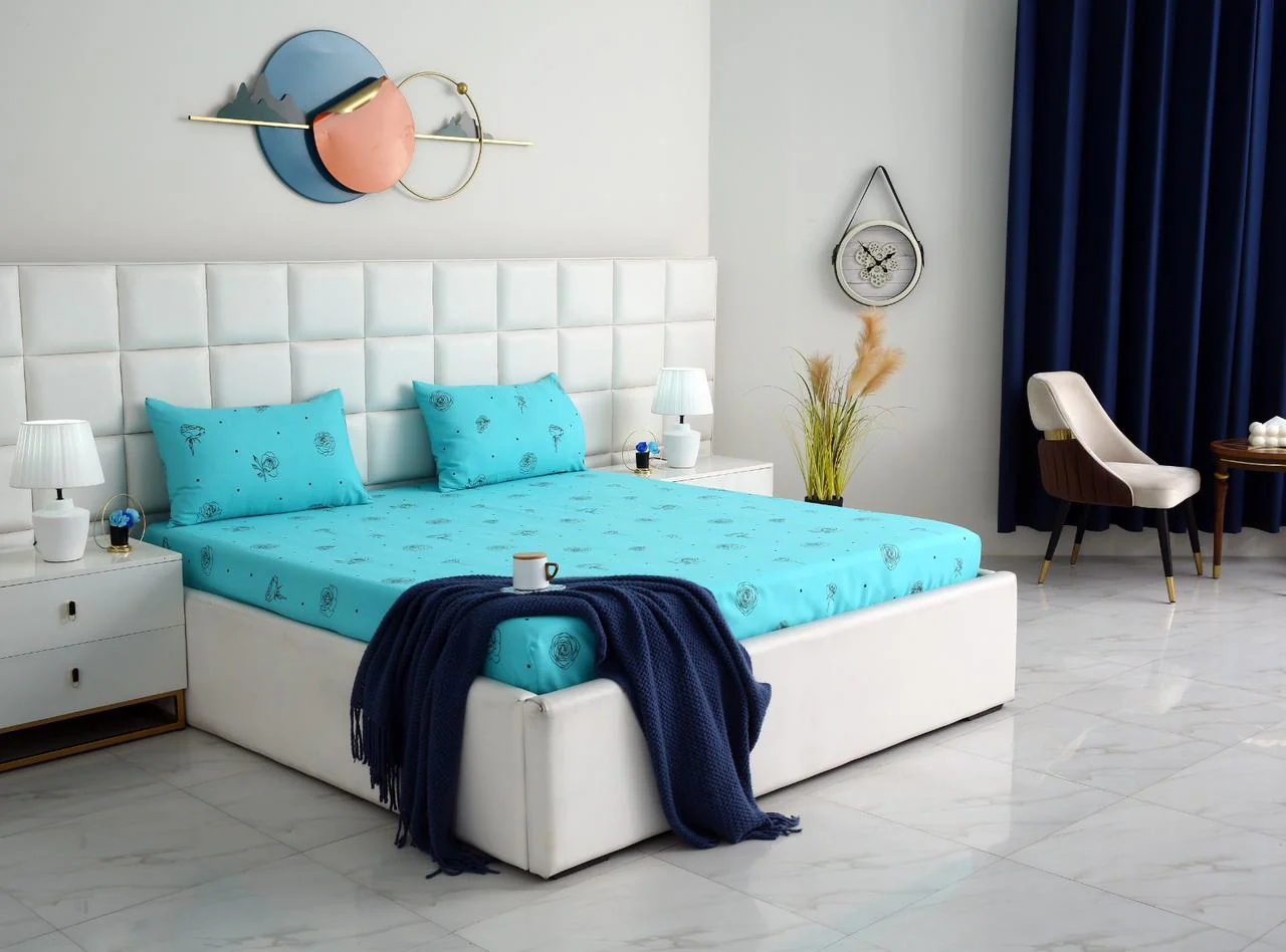 Fitted Bed Sheet-Aqua Abstract Flower - Image 4