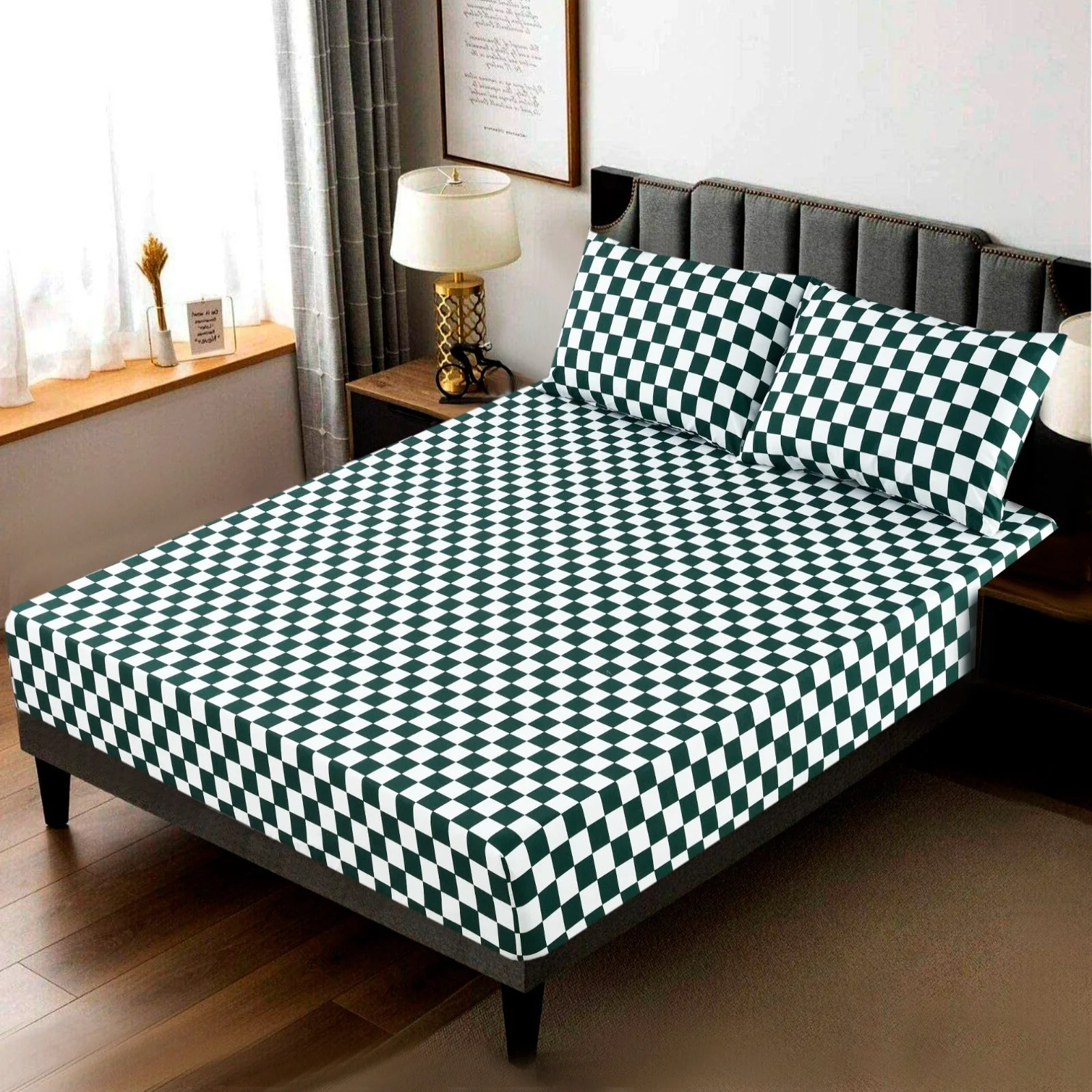 Fitted Bed Sheet-Green Chess - Image 3