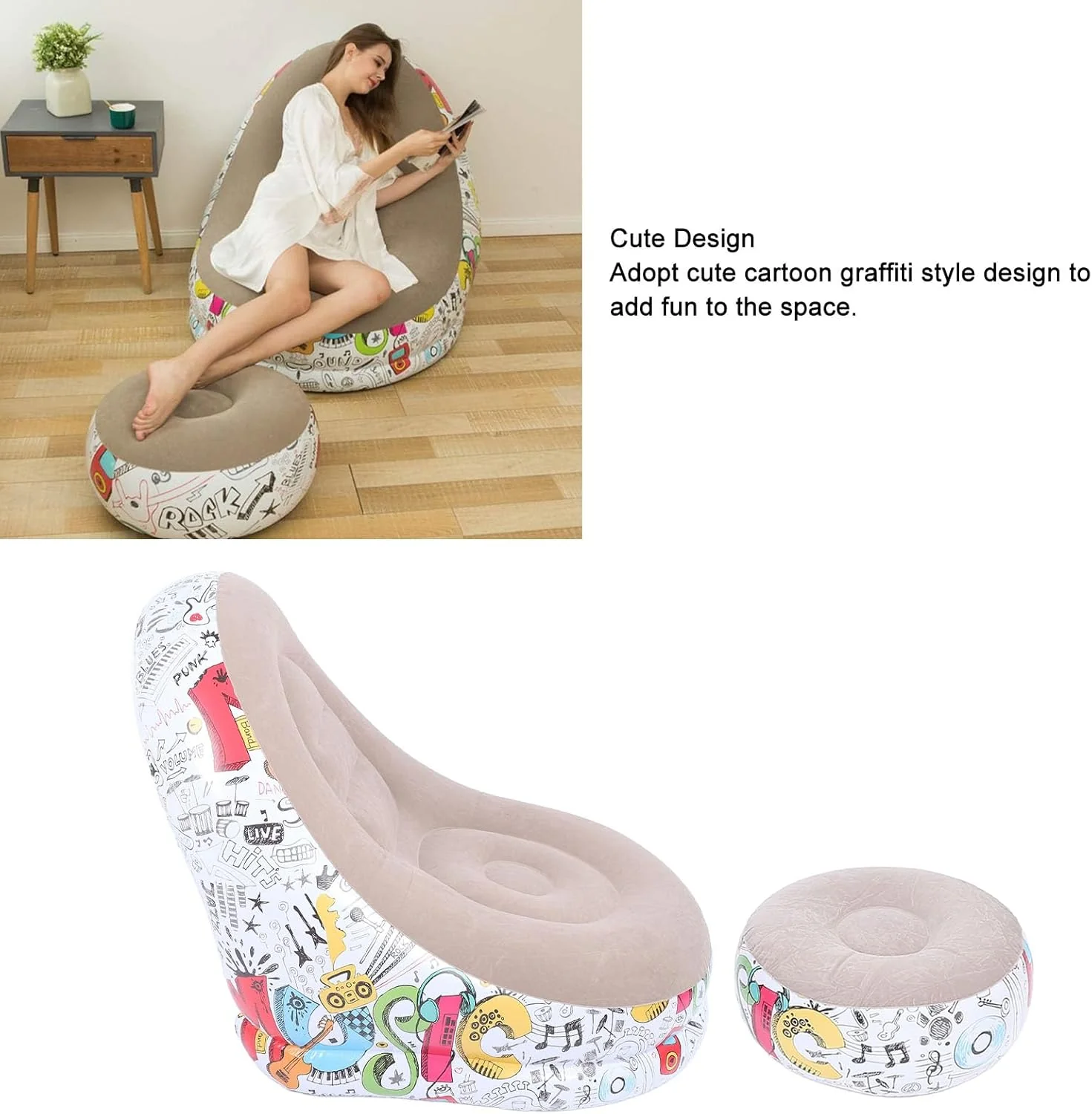 Inflatable Graffiti Sofa with Foot Stool(SA2510-031)BEIGE - Image 3