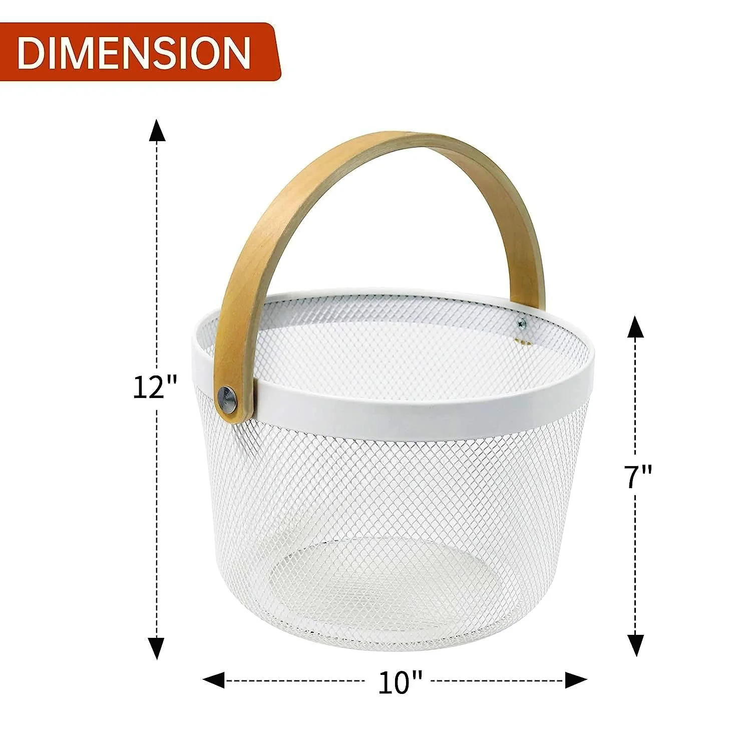 Mesh Steel Basket with Wooden Handle-Round White - Image 3