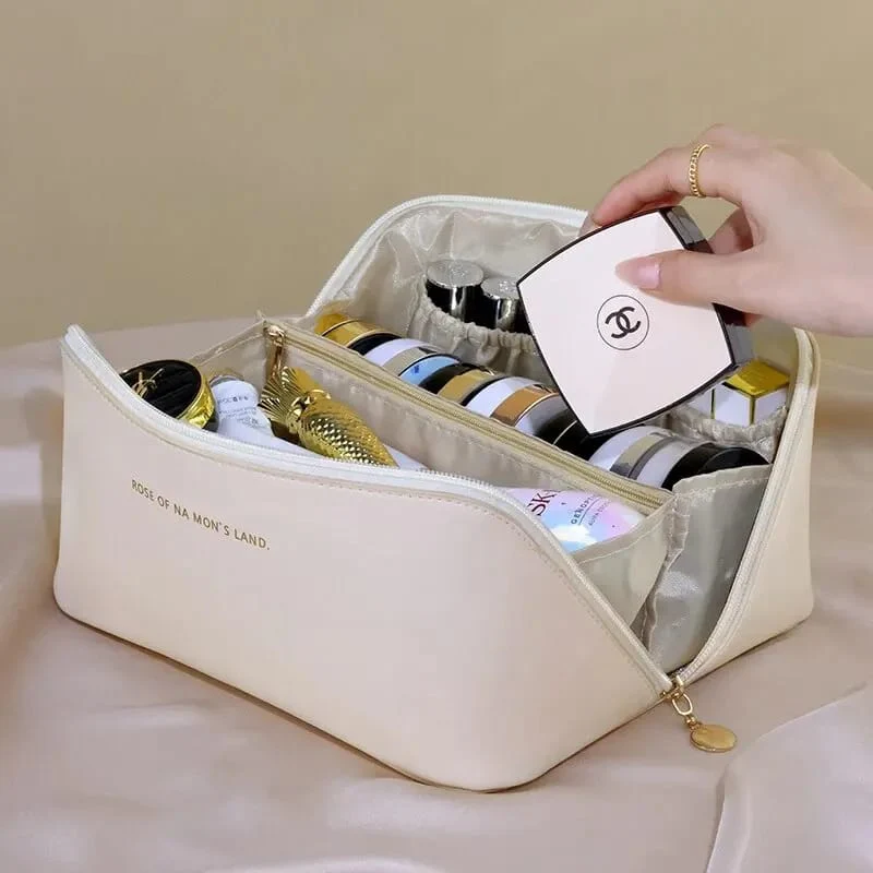 Portable PU Makeup Powder Waterproof Multifunctional Bag-14265Cream(SA2403-21) - Image 12