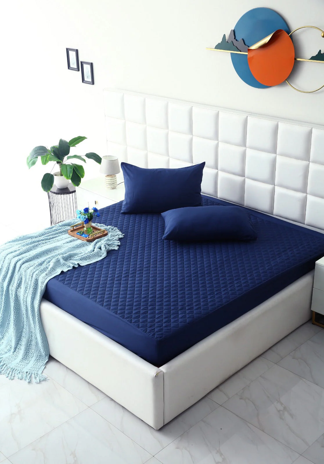 Quilted Waterproof Mattress Protector-Navy Blue