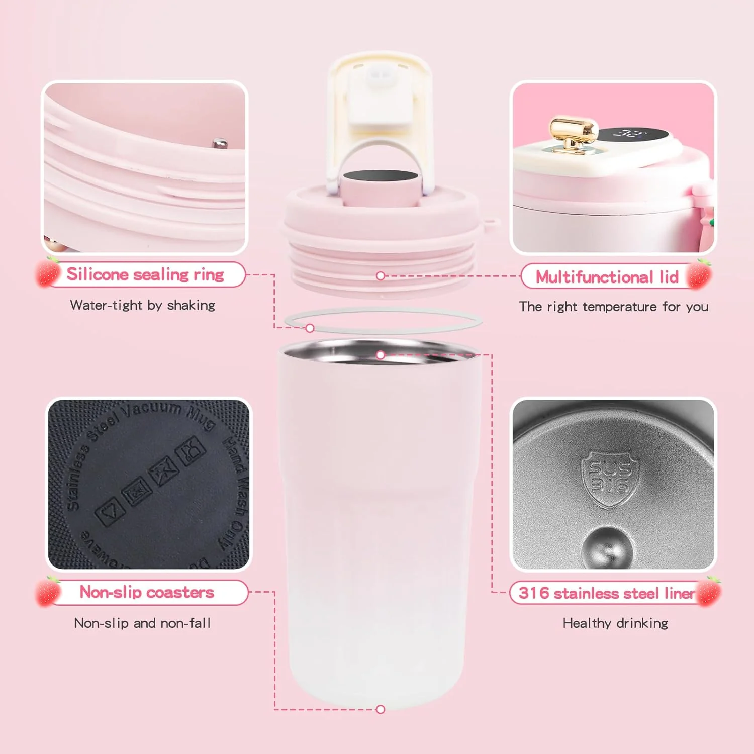 Smart Coffee Thermos With Temperature Display (SA2510-154)Pink - Image 5