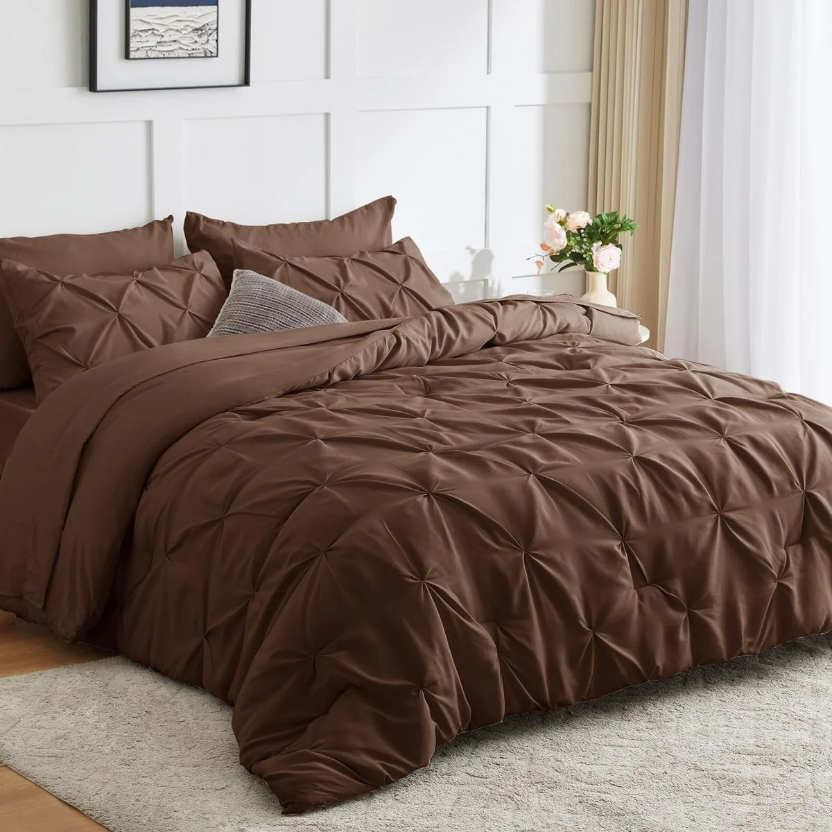 Solid Pintuck Duvet Cover Set-Brown - Image 4