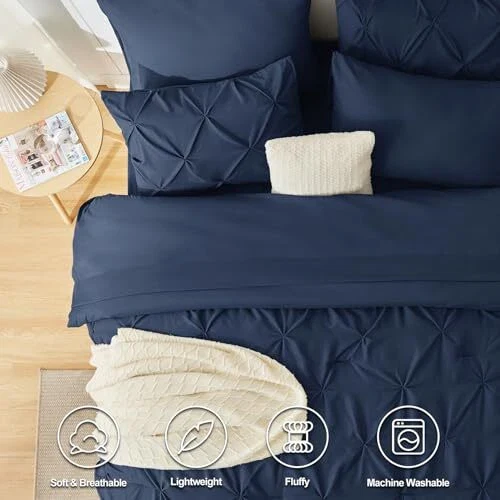 Solid Pintuck Duvet Cover Set-Navy Blue - Image 3