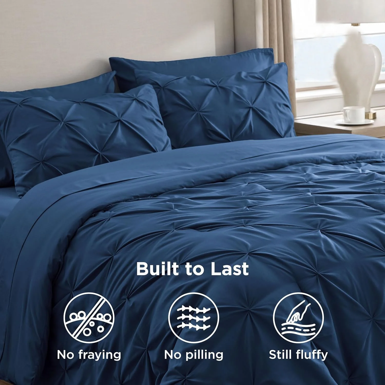 Solid Pintuck Duvet Cover Set-Navy Blue - Image 5