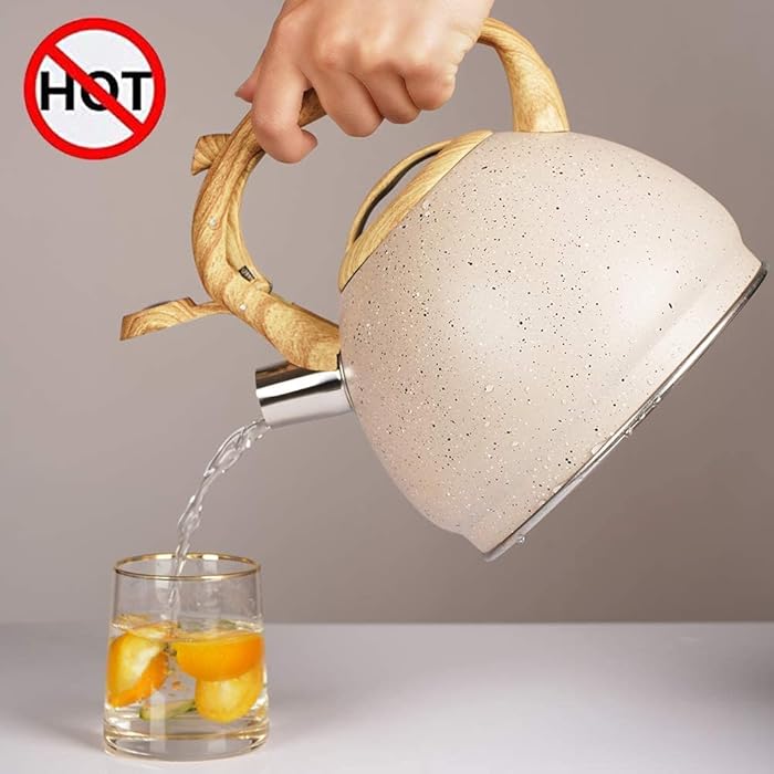 Stainless Steel One Touch Button Whistle Teapot with Anti Scalding Handle-Beige