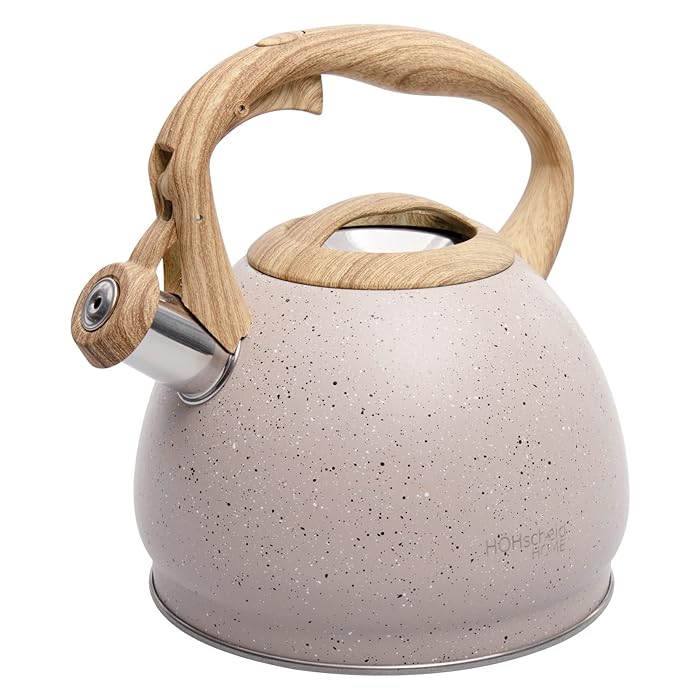 Stainless Steel One Touch Button Whistle Teapot with Anti Scalding Handle-Beige - Image 3