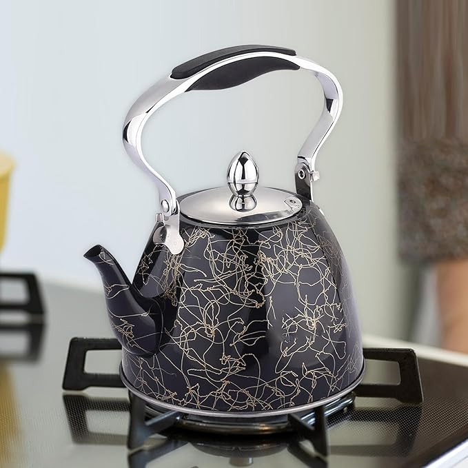 Stainless Steel One Touch Button Whistle Teapot with Anti Scalding Handle-Black Texture - Image 2