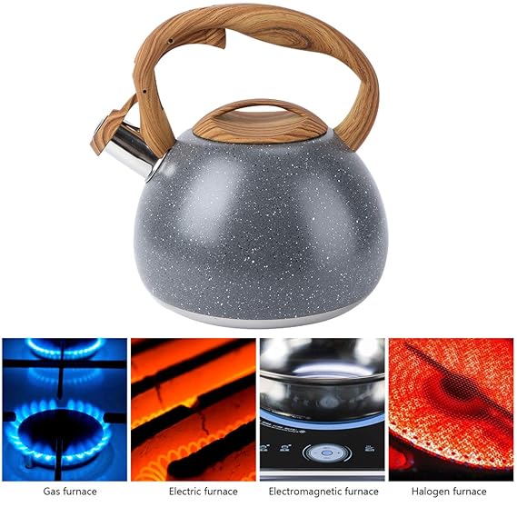 Stainless Steel One Touch Button Whistle Teapot with Anti Scalding Handle-Grey Texture - Image 3