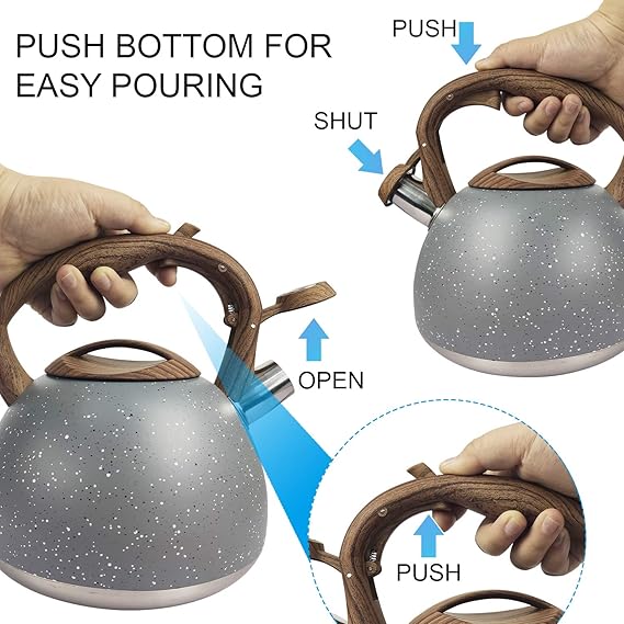 Stainless Steel One Touch Button Whistle Teapot with Anti Scalding Handle-Grey Texture - Image 7