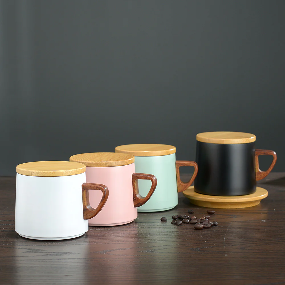 Vacuum Insulated Coffee Cup with Wooden Lid & Mat- Pink - Image 4