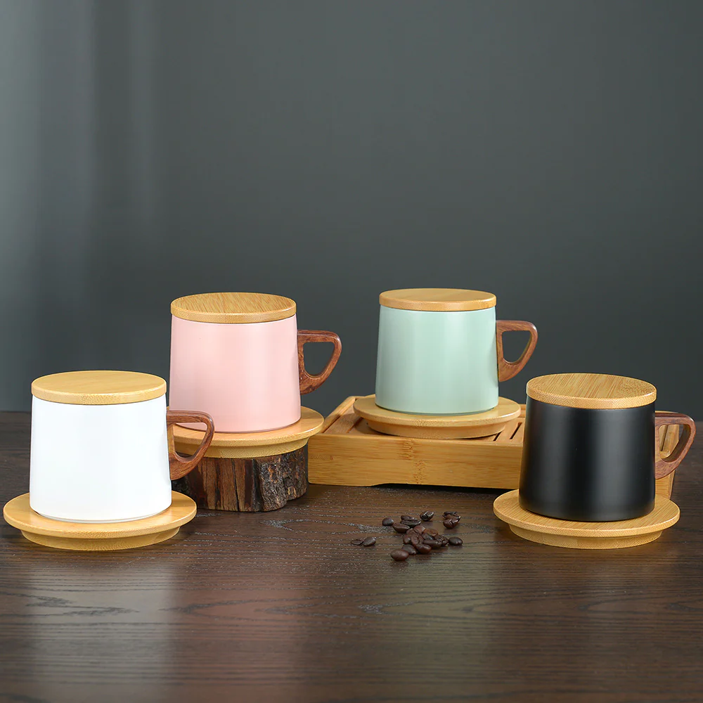 Vacuum Insulated Coffee Cup with Wooden Lid & Mat- Pink - Image 3