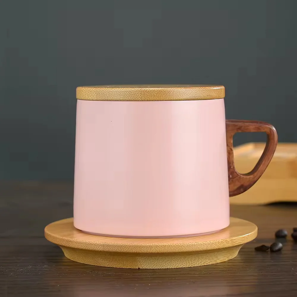 Vacuum Insulated Coffee Cup with Wooden Lid & Mat- Pink - Image 5