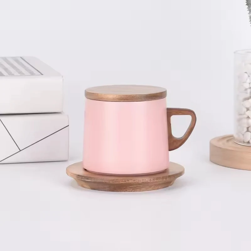 Vacuum Insulated Coffee Cup with Wooden Lid & Mat- Pink - Image 6