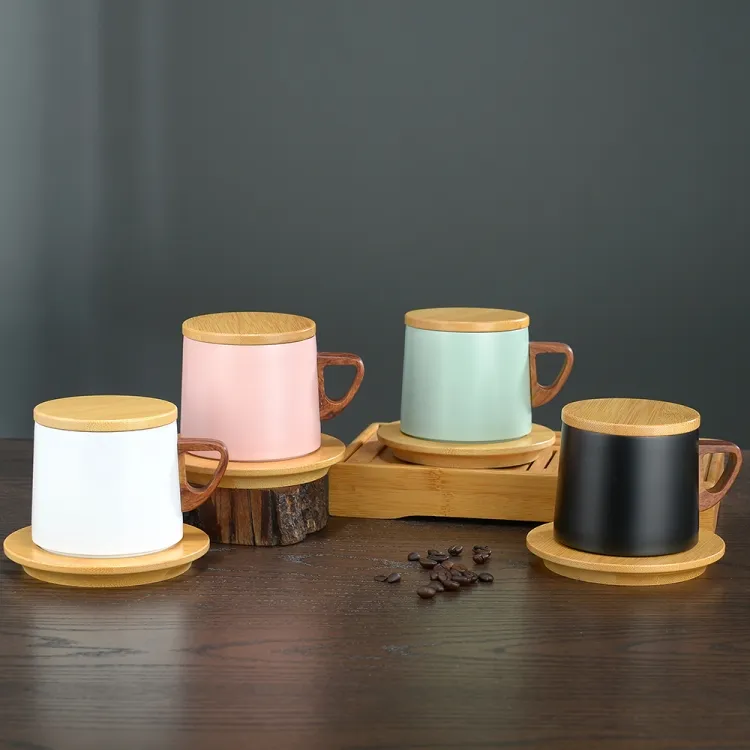 Vacuum Insulated Coffee Cup with Wooden Lid & Mat-White - Image 4